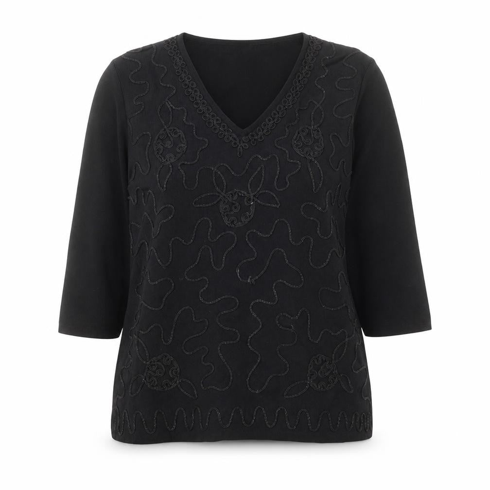 Front view of Gerard women’s black v-neck viscose jumper, size UK 18