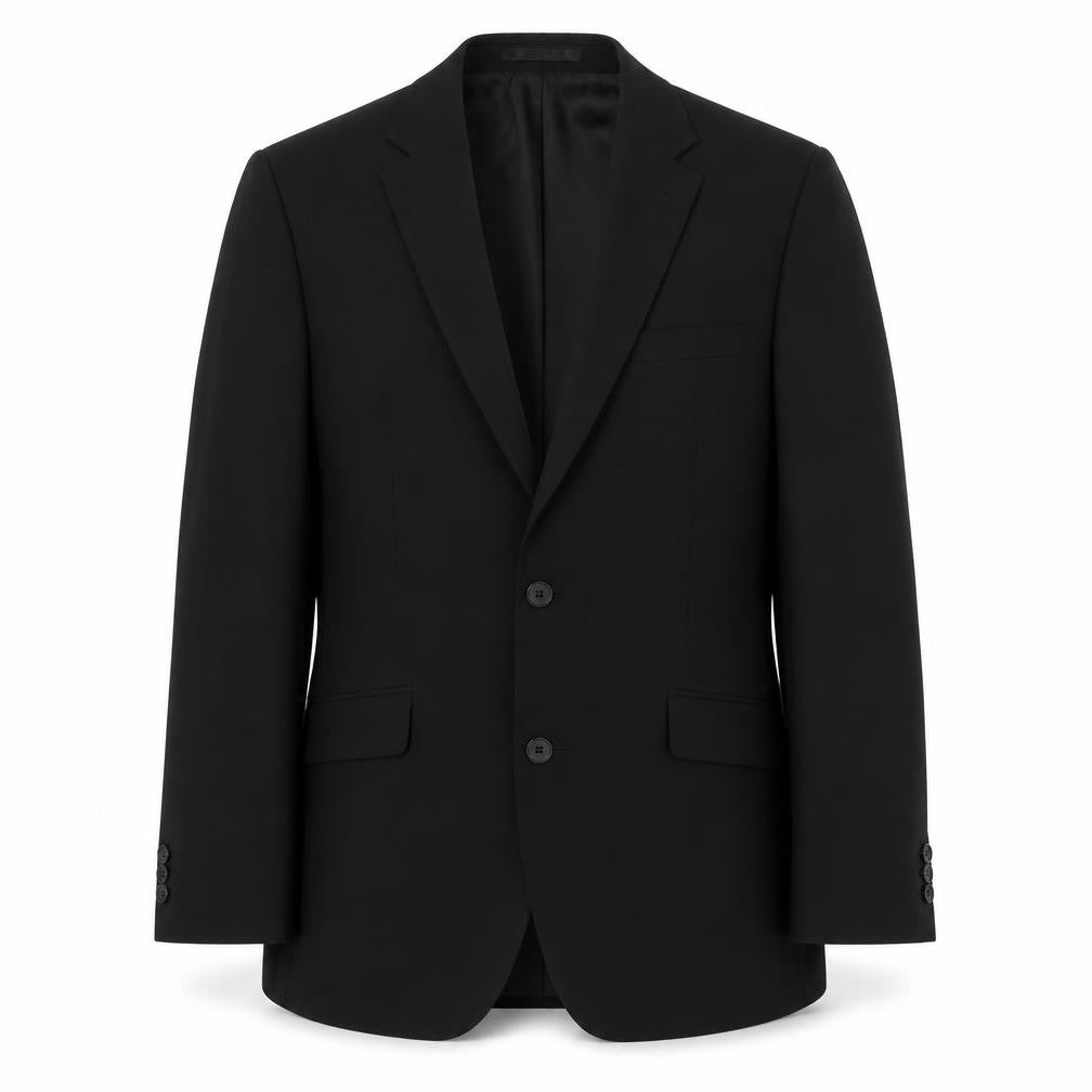 Front view of suit direct men’s black polyester jacket suit jacket, size 38