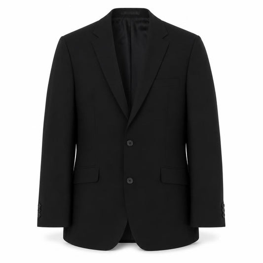 Front view of suit direct men’s black polyester jacket suit jacket, size 38