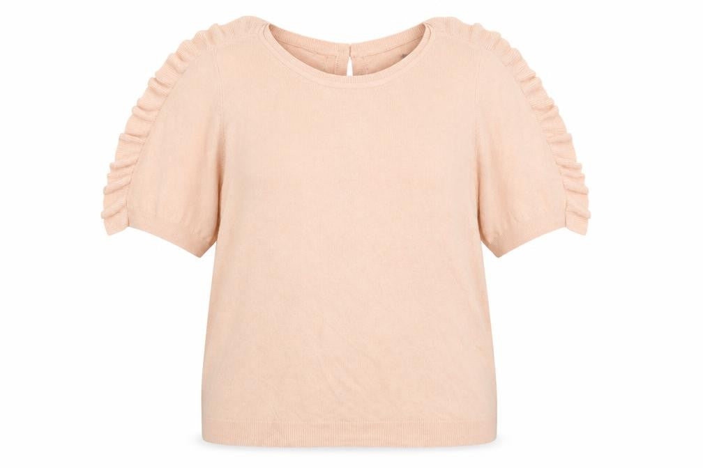Front view of Marks & Spencer women’s pink crew neck viscose jumper, size UK 18