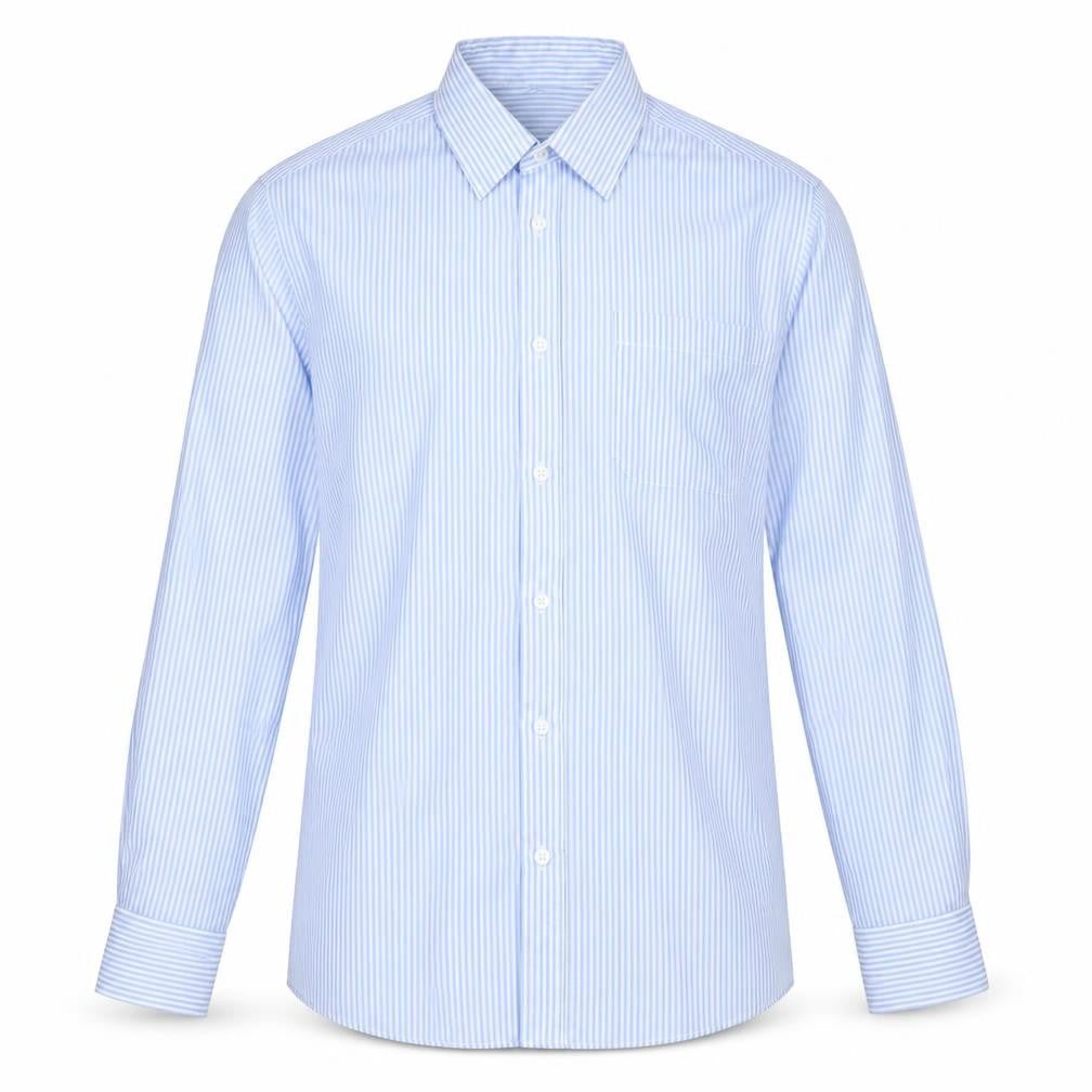 Front view of Cedarwood State men’s blue striped cotton button-up, size 15, collared button