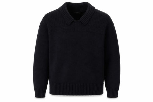 Front view of Dunnes men’s blue collared acrylic jumper, size L
