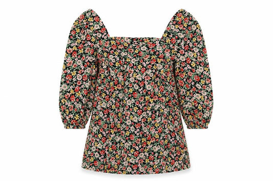 Front view of F&F women’s black floral viscose basic blouse, size UK 6, square neck