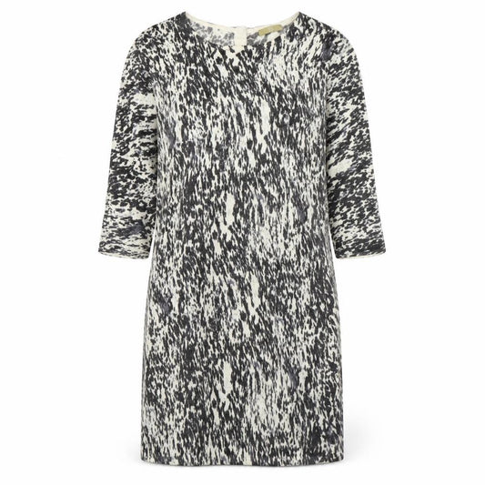 Front view of Tu women’s multicoloured animal print acrylic jumper dress, size UK 14, round neck button