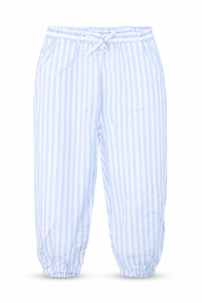Front view of H&M girls’ blue striped viscose bloomer trousers, size 2, years regular