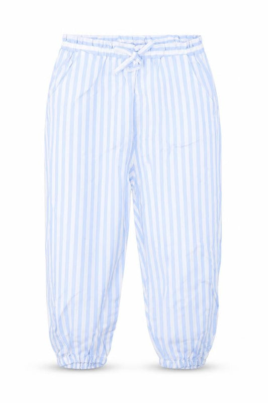 Front view of H&M girls’ blue striped viscose bloomer trousers, size 2, years regular
