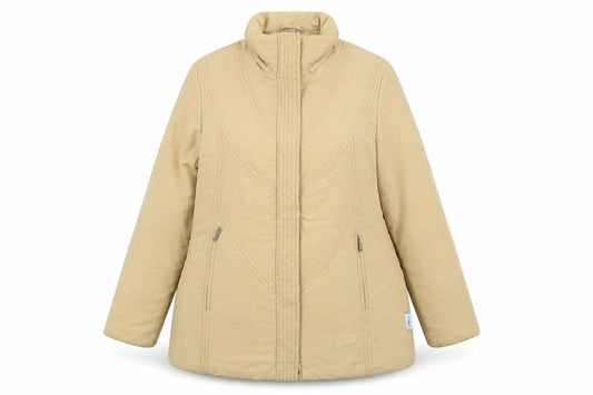 Front view of Isabell women’s beige jacket coat, size UK 12, zip