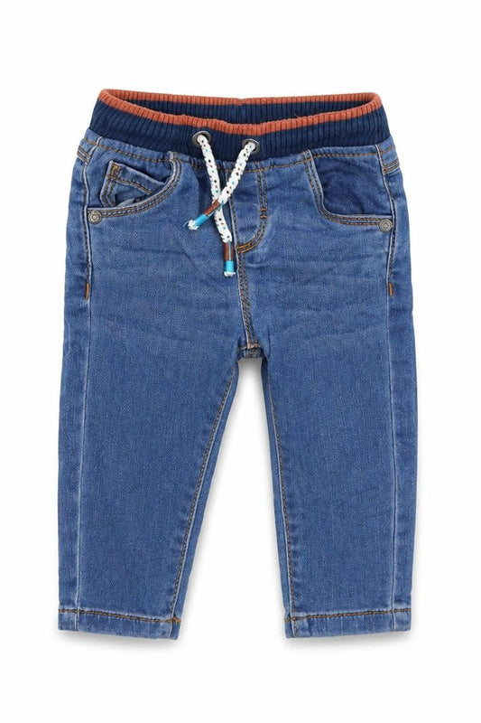 Front view of F&F boys’ blue cotton capri jeans, size 3-6, months pullover