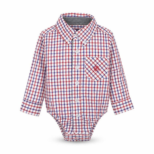 Front view of Andy & Evan boys’ ivory check cotton basic button-up, size 3-6, months collared button