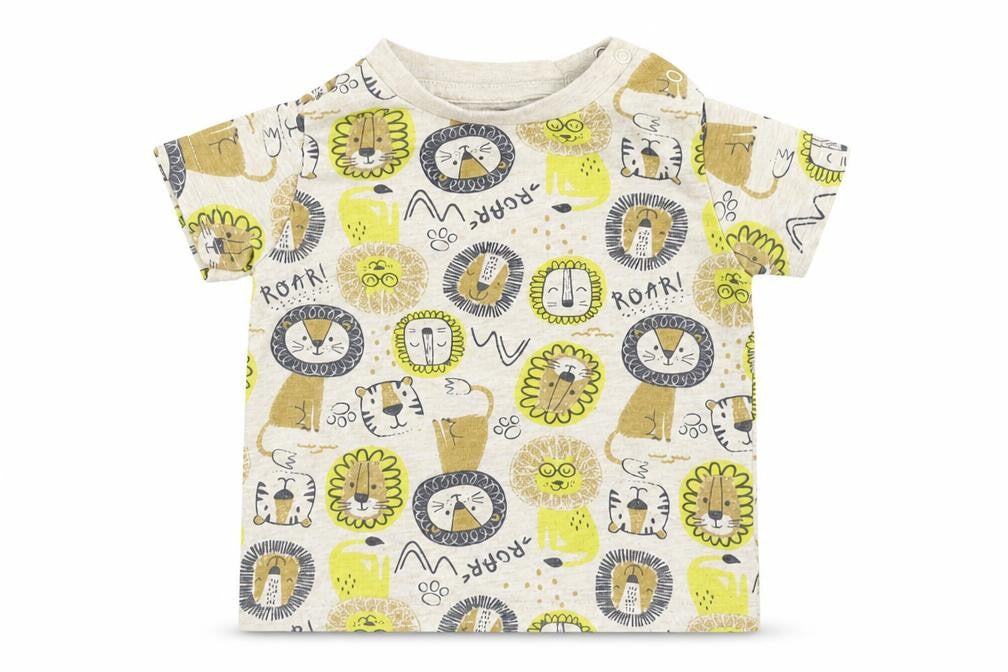 Front view of Peacocks boys’ brown cotton basic t-shirt, size 6-9, months round neck pullover - lion, tiger