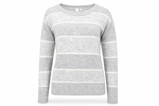 Front view of Gap women’s grey scoop neck striped acrylic jumper, size XS