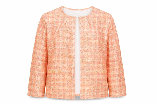 Front view of Laure De Ssine women’s orange check jacket, size UK 16, hook & eye