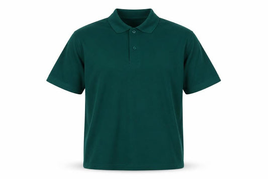 Front view of Urban Heritage men’s green polyester polo, size S, collared button