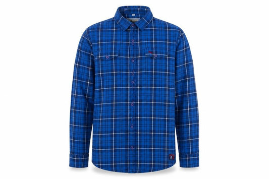 Front view of Mineral men’s blue plaid cotton button-up, size XL, collared button