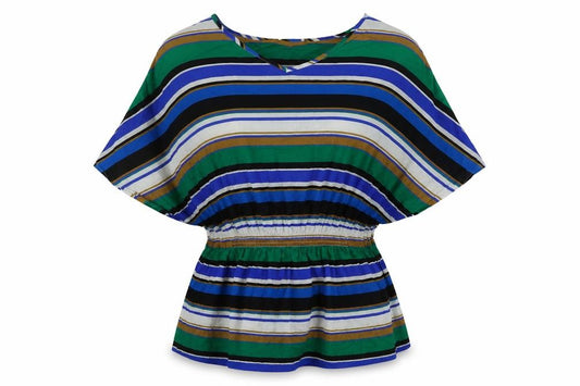 Front view of Next women’s multicoloured striped 100% cotton a-line, size M, v-neck pullover - beach cover up