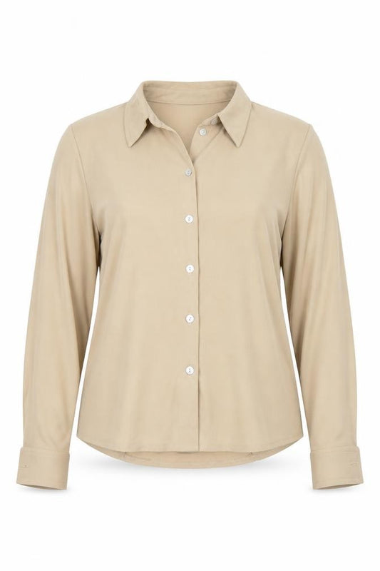 Front view of Debenhams women’s brown viscose basic button-up, size UK 12, collared