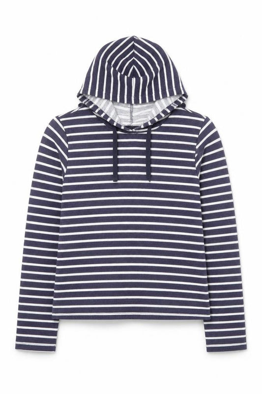 Front view of ASOS women’s blue striped polyester pullover hoodie, size UK 6, pullover