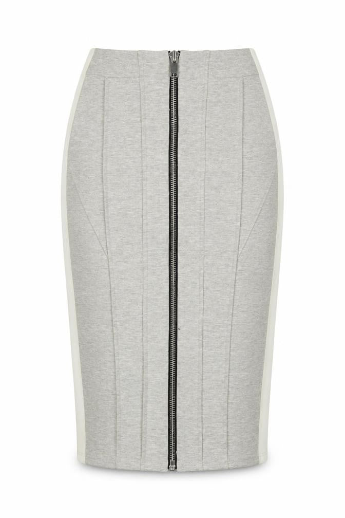 Front view of River Island women’s grey polyester a-line skirt, size UK 8, zip