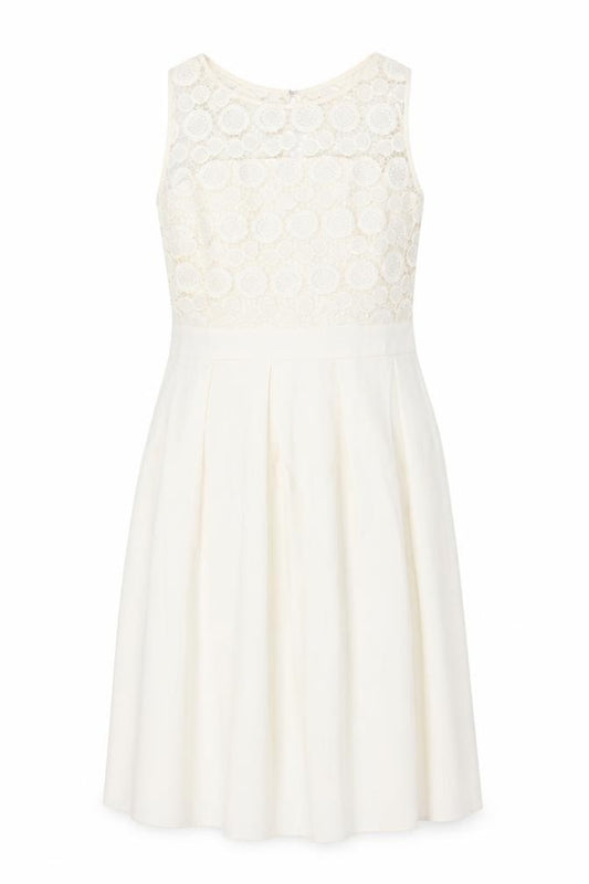 Front view of Shubette women’s ivory polyester fit & flare, size UK 12, round neck hook & eye