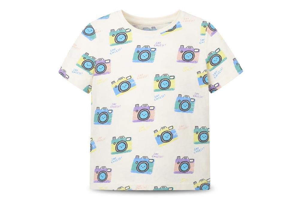 Front view of Tu boys’ ivory geometric cotton basic t-shirt, size 5-6, years round neck pullover - camera print