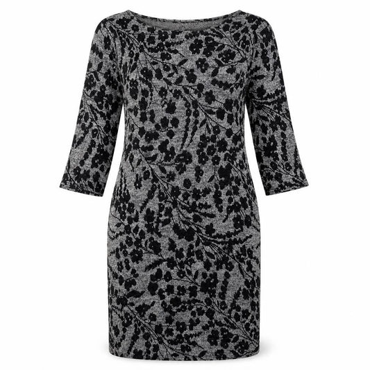 Front view of Blue Vanilla women’s grey floral polyester bodycon, size L, round neck pullover