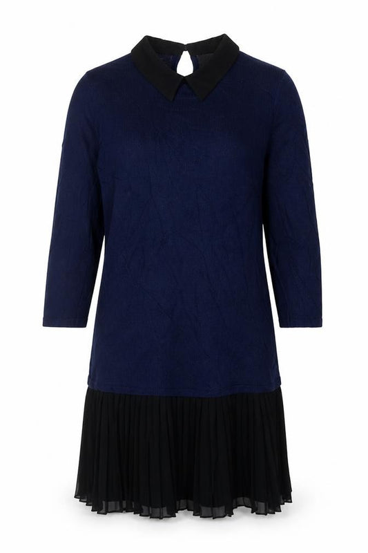 Front view of ASOS women’s blue cotton jumper dress, size UK 6, collared button