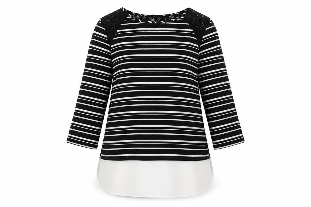 Front view of Atmosphere women’s black striped polyester basic blouse, size UK 10, round neck