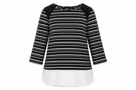 Front view of Atmosphere women’s black striped polyester basic blouse, size UK 10, round neck