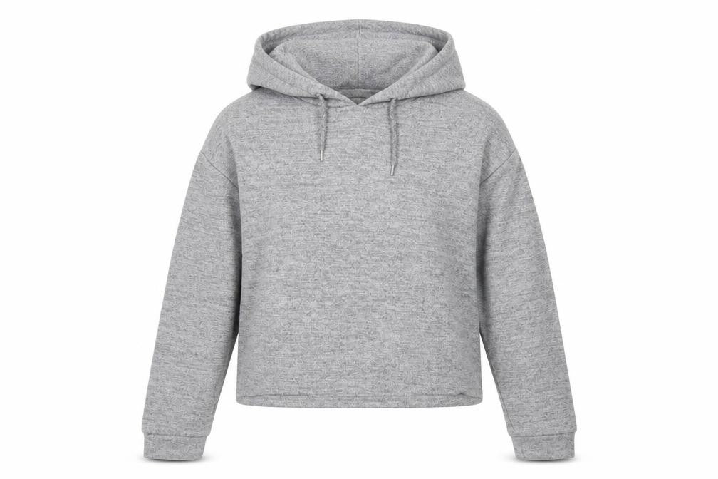 Front view of Primark women’s grey polyester pullover hoodie, size L, pullover