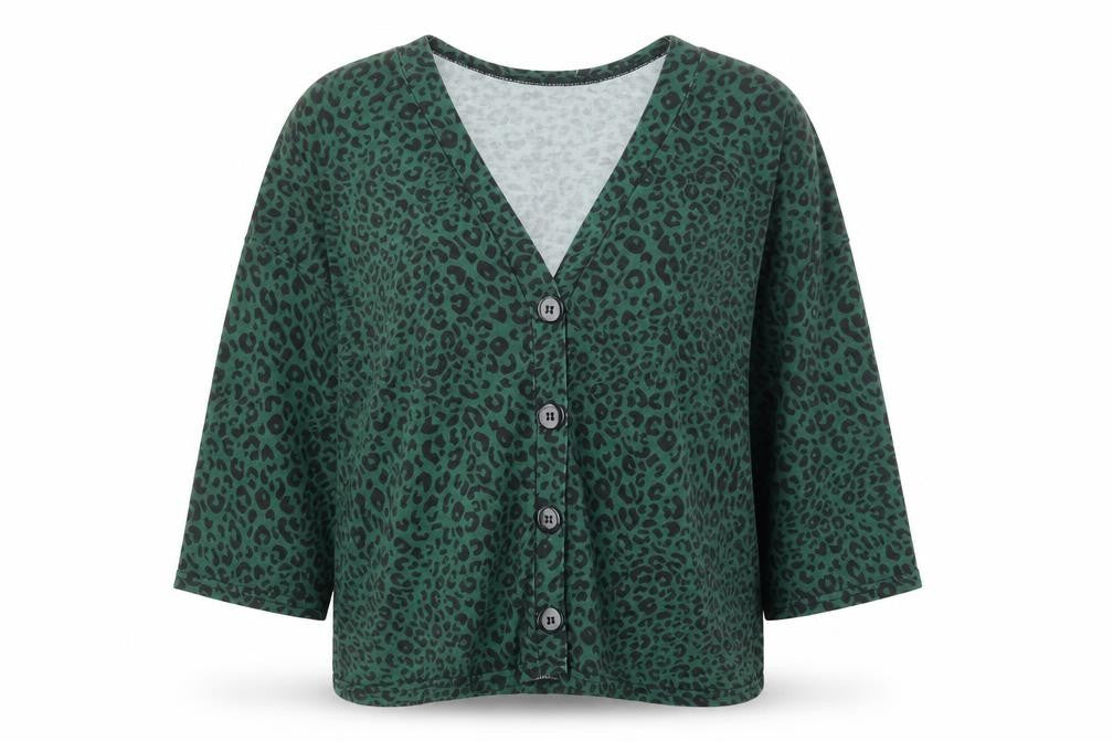 Front view of New Look women’s green animal print polyester basic button-up, size S, v-neck