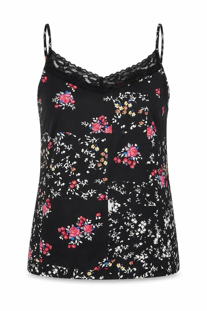 Front view of Only women’s black floral polyester basic tank, size UK 6, v-neck