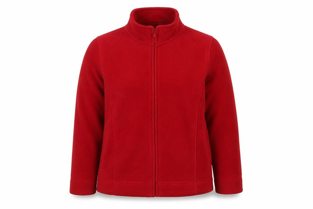 Front view of Isle women’s red jacket, size UK 14, zip