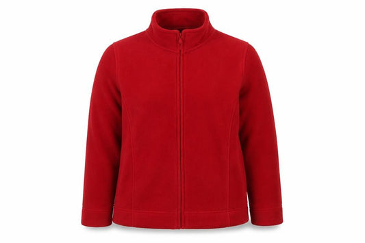 Front view of Isle women’s red jacket, size UK 14, zip