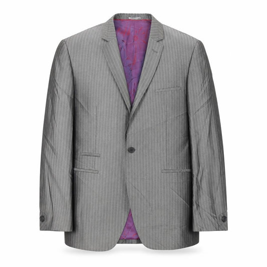 Front view of Milan Collection men’s grey striped polyester jacket suit jacket, size 44