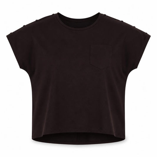 Front view of Pep&Co women’s brown polyester jersey blouse, size M, round neck - buttons on sleeves