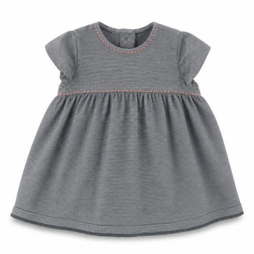 NEXT Girls Grey Striped 100% Cotton Skater Dress  Size 0-3 Months  Round Neck Button
