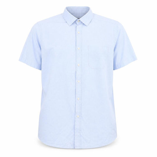 Front view of Debenhams men’s blue polyester button-up, size S, collared button