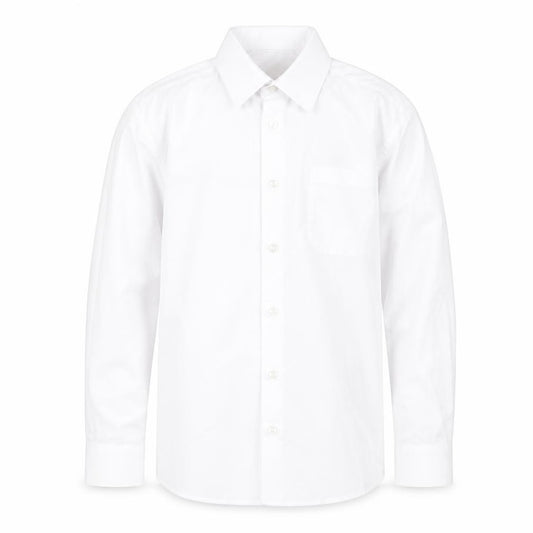 Front view of George boys’ white polyester basic button-up, size 10-11, years collared button - school