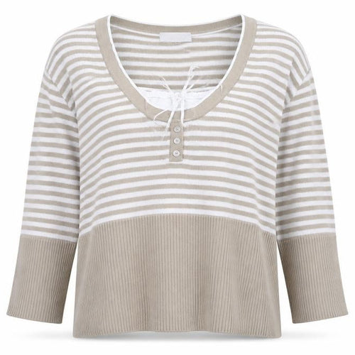 HEINE Womens Beige Scoop Neck Striped 100% Cotton Pullover Jumper Size 14