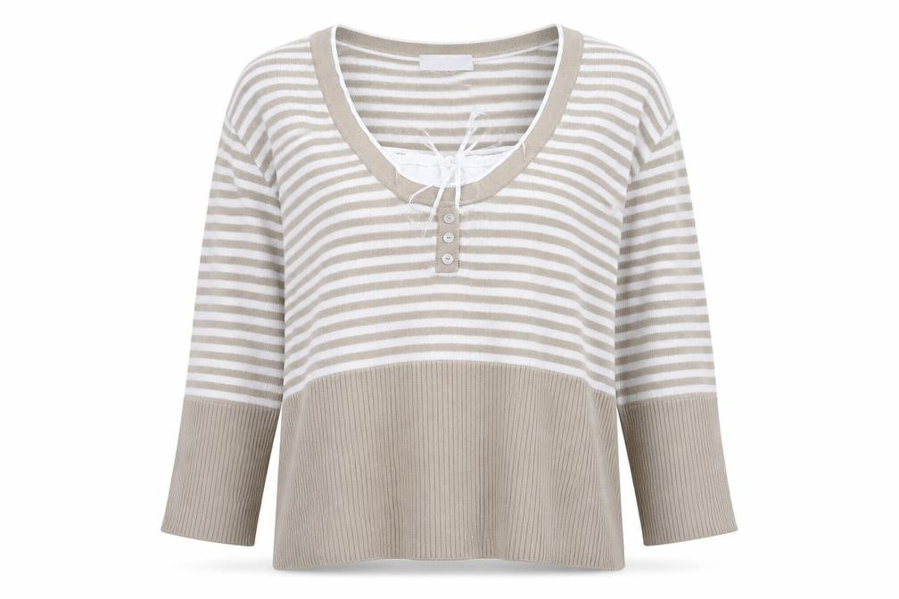 HEINE Womens Beige Scoop Neck Striped 100% Cotton Pullover Jumper Size 14