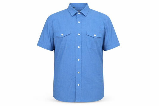 Front view of Premier MAN men’s blue polyester button-up, size M, collared button