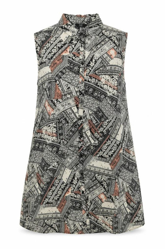 Front view of F&F women’s multicoloured geometric viscose a-line, size UK 14, collared button