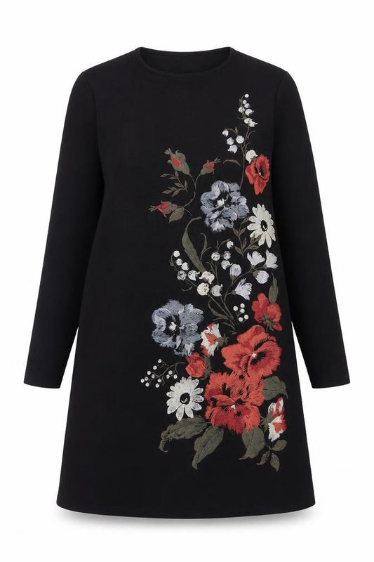 Front view of New Look women’s black floral polyester a-line, size UK 10, crew neck pullover