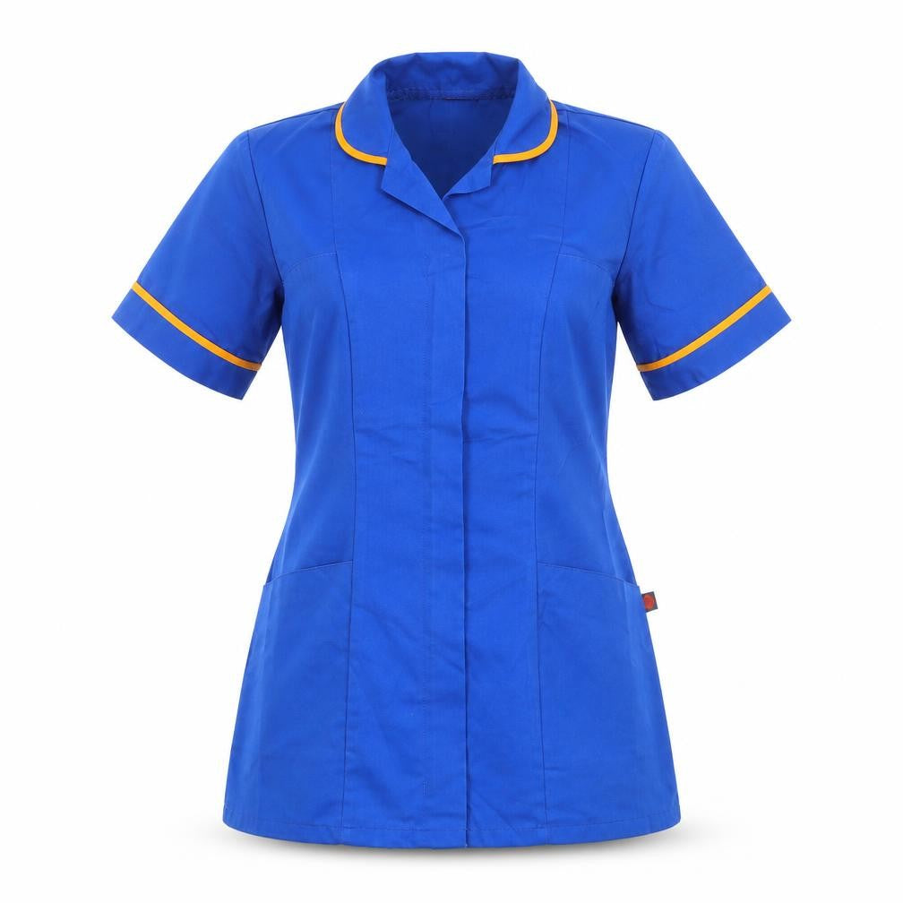 Front view of Dimensions women’s blue cotton tunic t-shirt, size UK 10, collared