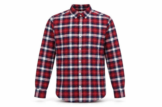 Front view of Next men’s red plaid cotton button-up, size S, collared button