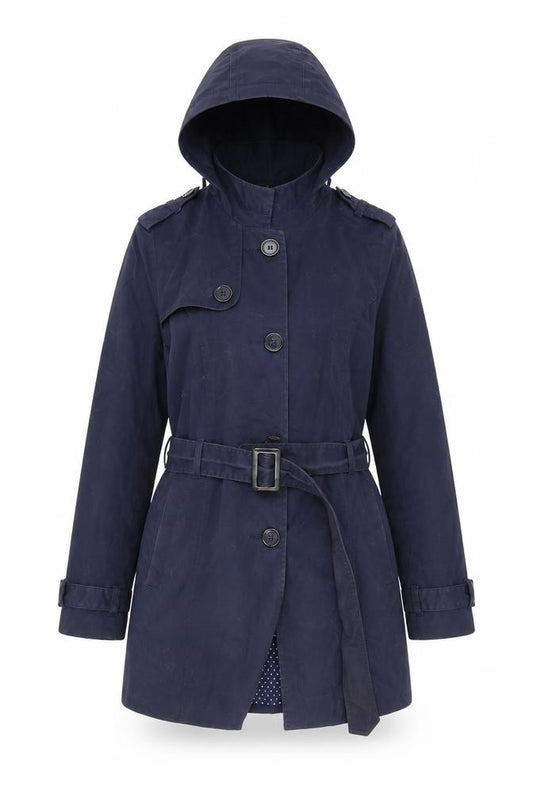 Front view of H&M women’s blue jacket, size UK 12, button