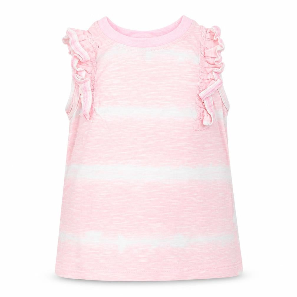 Front view of Dunnes girls’ pink striped cotton basic tank, size 3-4, years round neck pullover