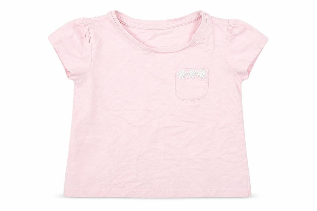 Front view of Dunnes girls’ pink cotton basic t-shirt, size 12-18, months round neck pullover