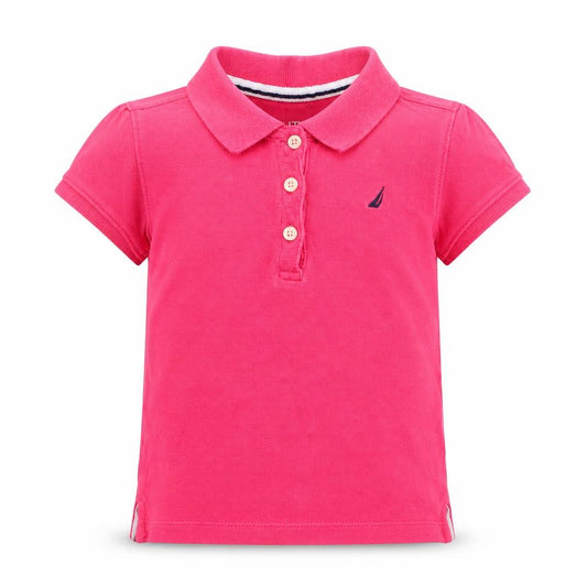 Front view of Nautica girls’ pink cotton basic polo, size 4, years collared pullover
