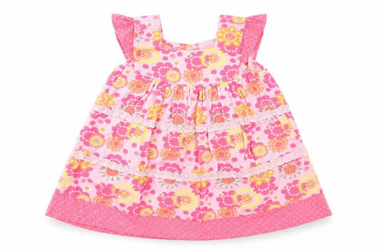 Front view of Cherokee girls’ pink floral cotton a-line, size 12-18, months square neck